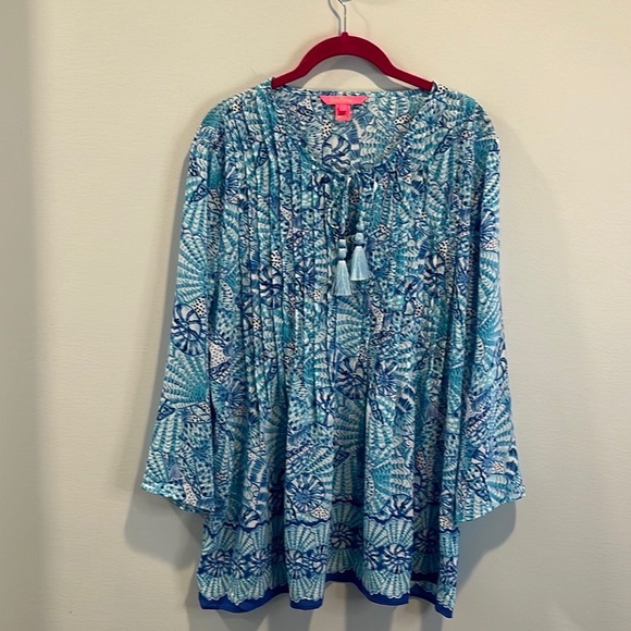 Lilly Pulitzer “Marilina” tunic top in amalfi blue by the seashore print L - Picture 3 of 5
